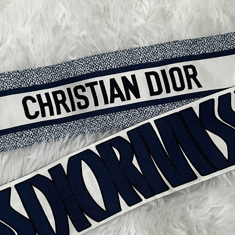 Dior Slim Logo Silk Scarf Tie - White & Navy - Picture 3 of 8